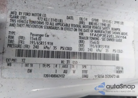 2014 Ford Focus S из США, поврежденный, VIN 1FADP3E22EL393164